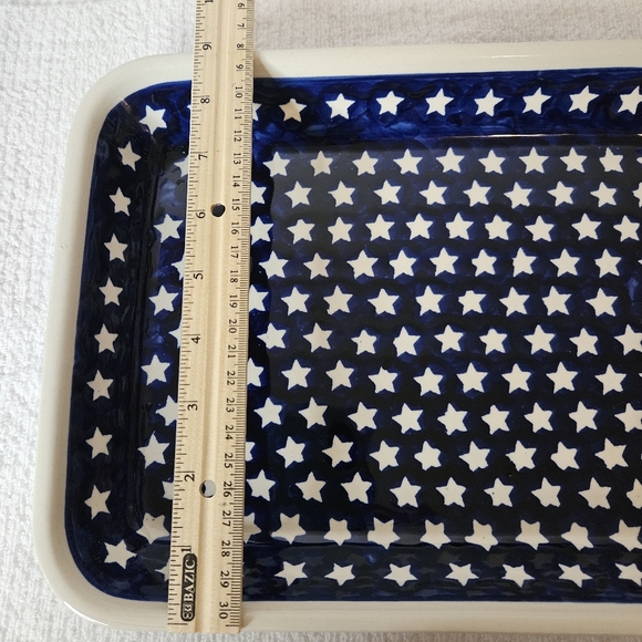 Boleslawiec Polish Pottery Blue White Stars Rectangular Baking Dish Relish Tray - Picture 3 of 5